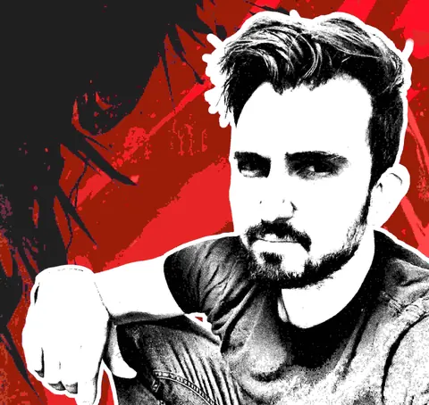 High-contrast portrait of bash explode against red and black album artwork